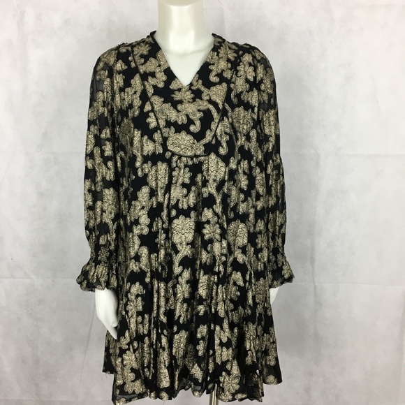 Anthropologie Tiered Swing Dress in Black & Metallic Gold NWT Size Small - Picture 3 of 7